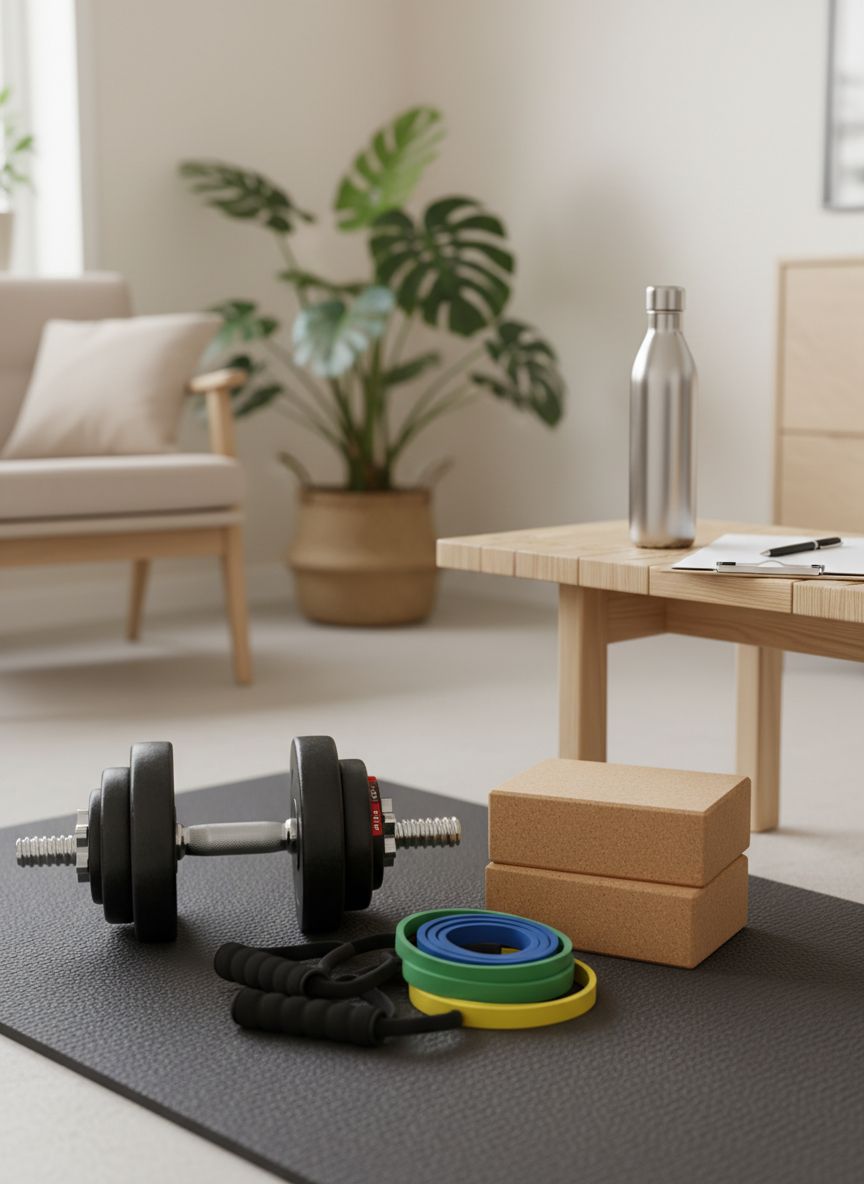 A close-up, photographic view of a well-equipped therapeutic exercise corner inside a clean, modern home, emphasizing tailored physical therapy care. A heavy-duty adjustable dumbbell set, color-coded resistance bands, and a neatly stacked pair of cork yoga blocks sit on a thick, charcoal-gray exercise mat. Beside them, a clipboard with a blank exercise plan and a stainless steel water bottle rest on a low wooden bench, hinting at structured, personalized programming. Soft, diffused daylight enters from an unseen window, creating crisp yet gentle highlights on the equipment. The mood is focused, organized, and reassuring. Shot from a slightly elevated angle with shallow depth of field, the composition uses the rule of thirds, keeping the exercise tools in sharp focus while the neutral-toned room fades into a smooth, unobtrusive blur.