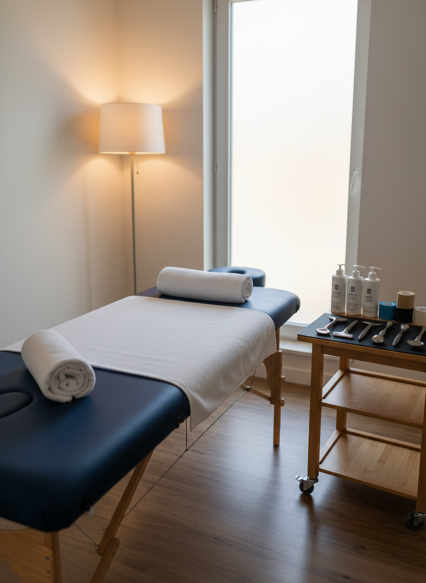 A meticulously arranged manual therapy scene on a portable treatment table, showcasing advanced hands-on care without showing people. A luxuriously padded navy-blue table is covered with a fresh white sheet, with a neatly folded towel at the headrest and a small, rolled towel near the side for positioning. Beside the table, a compact cart holds neatly lined massage cream bottles, kinesiology tape rolls, and a stainless steel instrument-assisted soft tissue tool set on a dark rubber mat. Warm, indirect indoor lighting from a floor lamp and nearby window creates soft, professional shadows, giving the room a serene, clinical yet welcoming feel. Photographic realism, captured at a three-quarter angle, emphasizes clean lines, clear surfaces, and the sense of expert, attentive manual therapy ready for a single client.