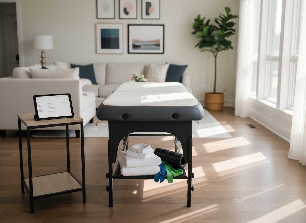 A neatly organized mobile physical therapy setup carefully arranged in the living room of a modern Grand Rapids home. A sturdy, slate-gray portable treatment table with a soft vinyl surface is centered on a warm wood floor, with neatly folded white towels, resistance bands, and a foam roller placed at one end. A sleek tablet displaying a blank evaluation screen rests on a small, minimalist side cart, subtly suggesting expert 1-on-1 assessment. Soft afternoon natural light streams through large windows, creating gentle shadows and a calm, professional mood. Photographic realism from an eye-level angle, with sharp focus on the table and a softly blurred, cozy but uncluttered background, conveys concierge, cash-pay, personalized care brought directly to the client’s space.