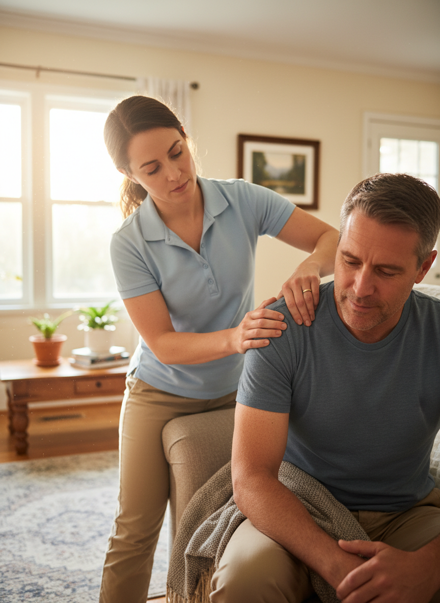 A physical therapist performing hands-on manual therapy on a patient's shoulder or knee in a bright, clean home setting. The therapist is focused and professional, the scene feels personal and mobile — no clinical hospital feel. Warm, natural light. Photorealistic.