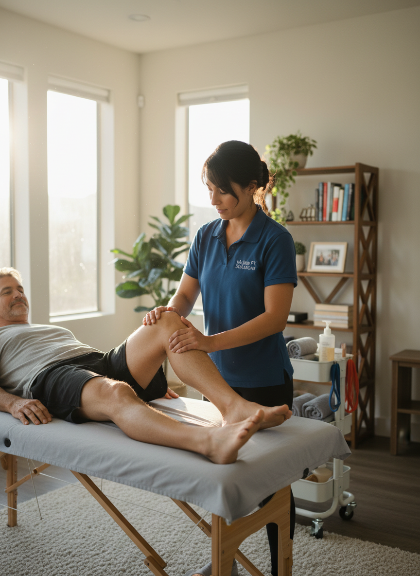 A physical therapist performing hands-on manual therapy on a patient's knee in a bright, clean home setting