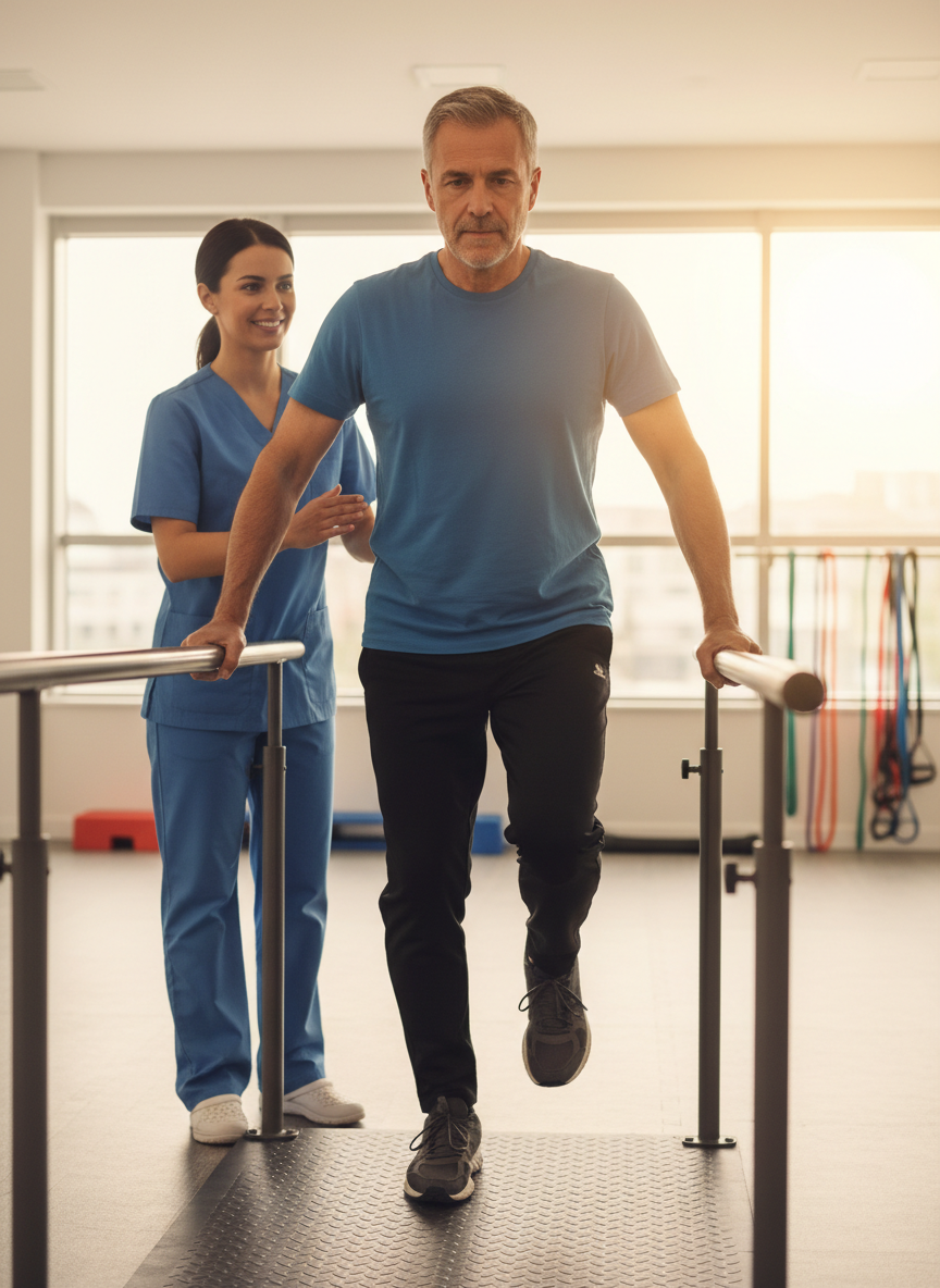 A determined middle-aged person in their 40s or 50s working with a physical therapist on balance and walking rehabilitation after a stroke or brain injury. The patient looks focused and strong, not frail. Bright, modern clinical or home setting. Realistic photography style, warm and professional lighting.