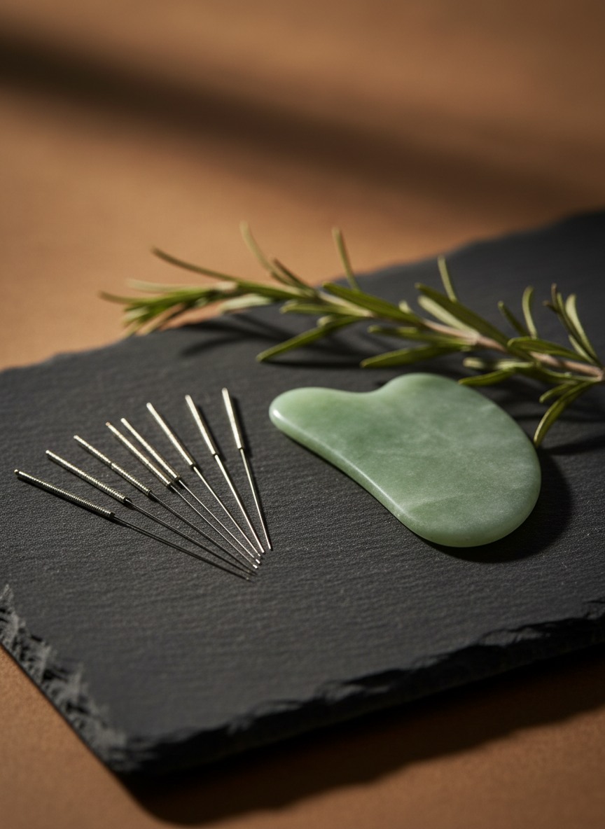 Fine dry needling acupuncture needles arranged on a dark textured surface with eucalyptus sprigs — professional still-life, no people