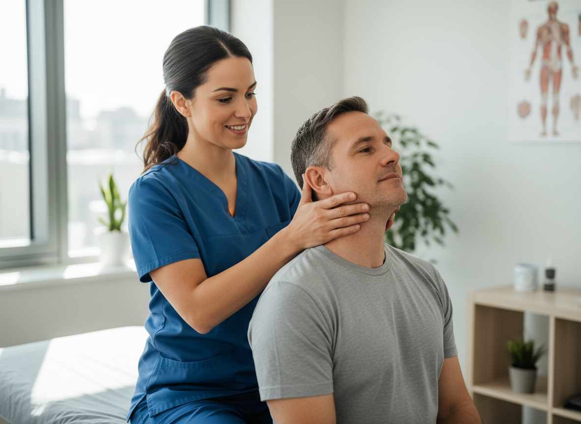 A physical therapist performing gentle neck mobilization on a patient