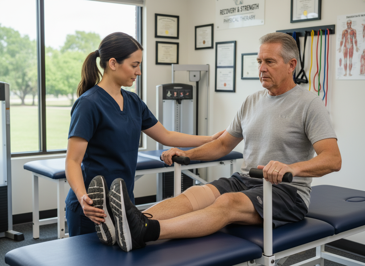 A physical therapist helping a patient with joint replacement recovery