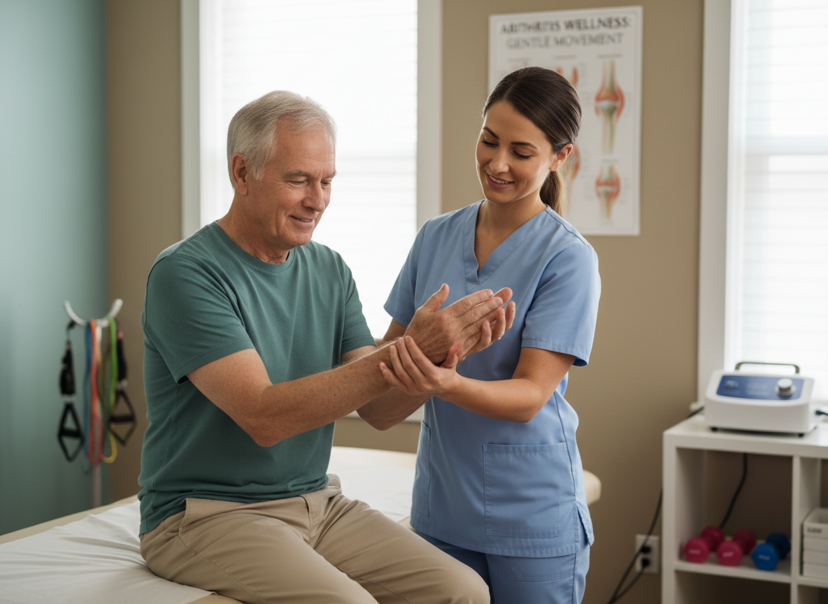 A physical therapist working with an older patient on arthritis management