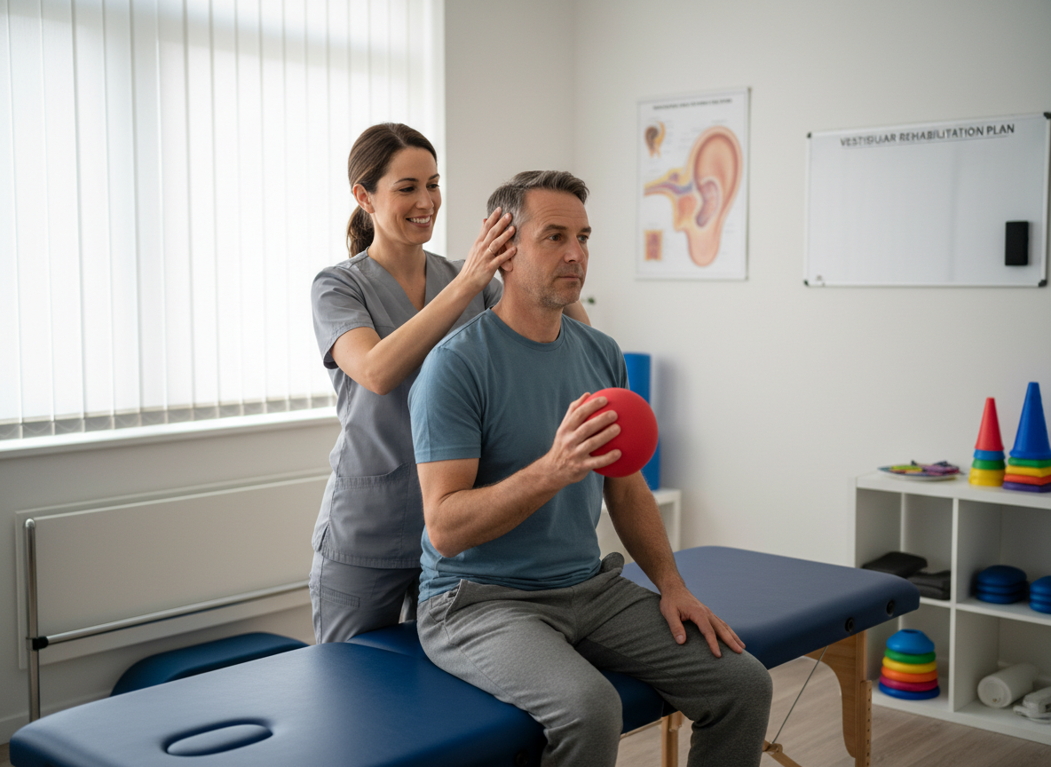A physical therapist guiding a patient through vestibular rehabilitation for vertigo