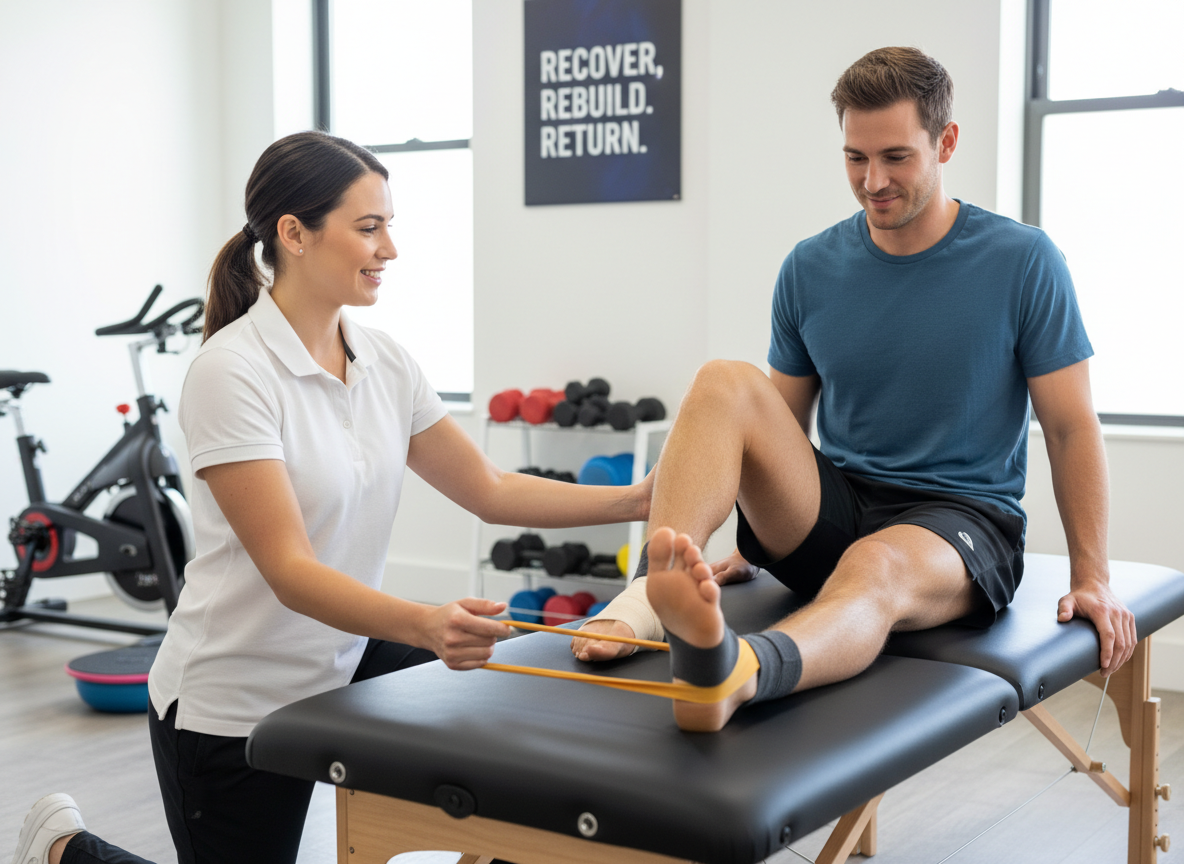 A physical therapist treating a patient with a ligament sprain