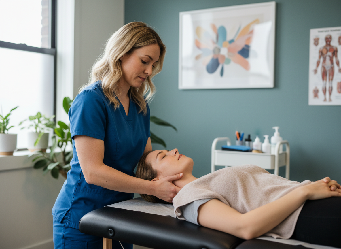 A physical therapist performing gentle cervical manual therapy for headaches