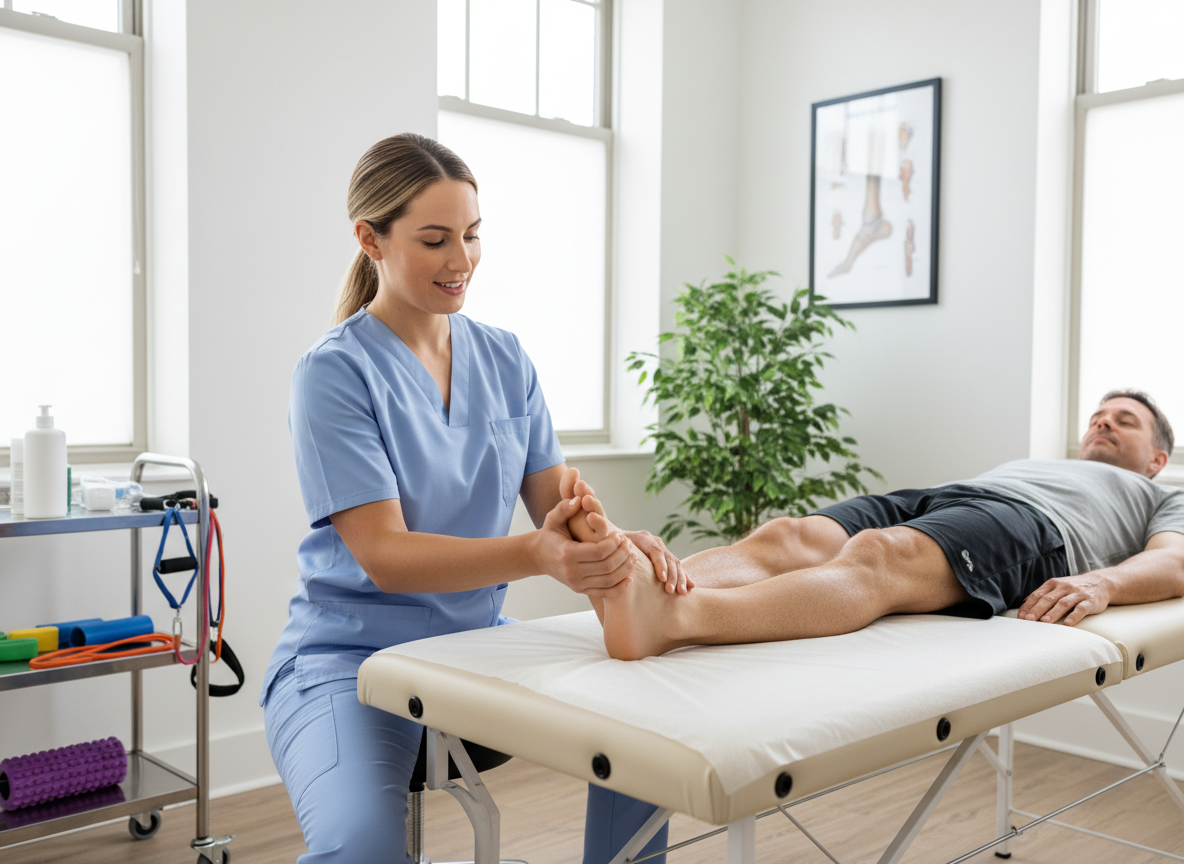 A physical therapist treating a patient's foot for plantar fasciitis