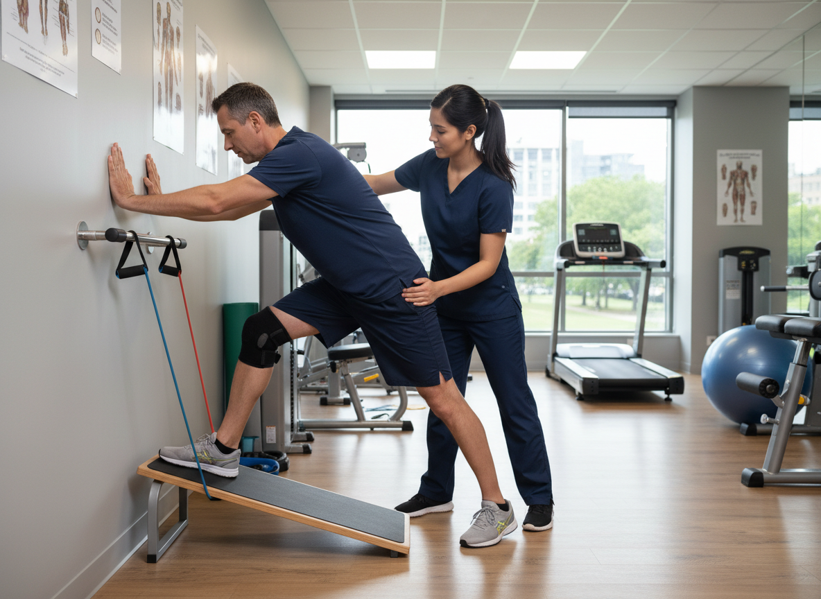 A physical therapist working with a patient on Achilles tendon rehabilitation