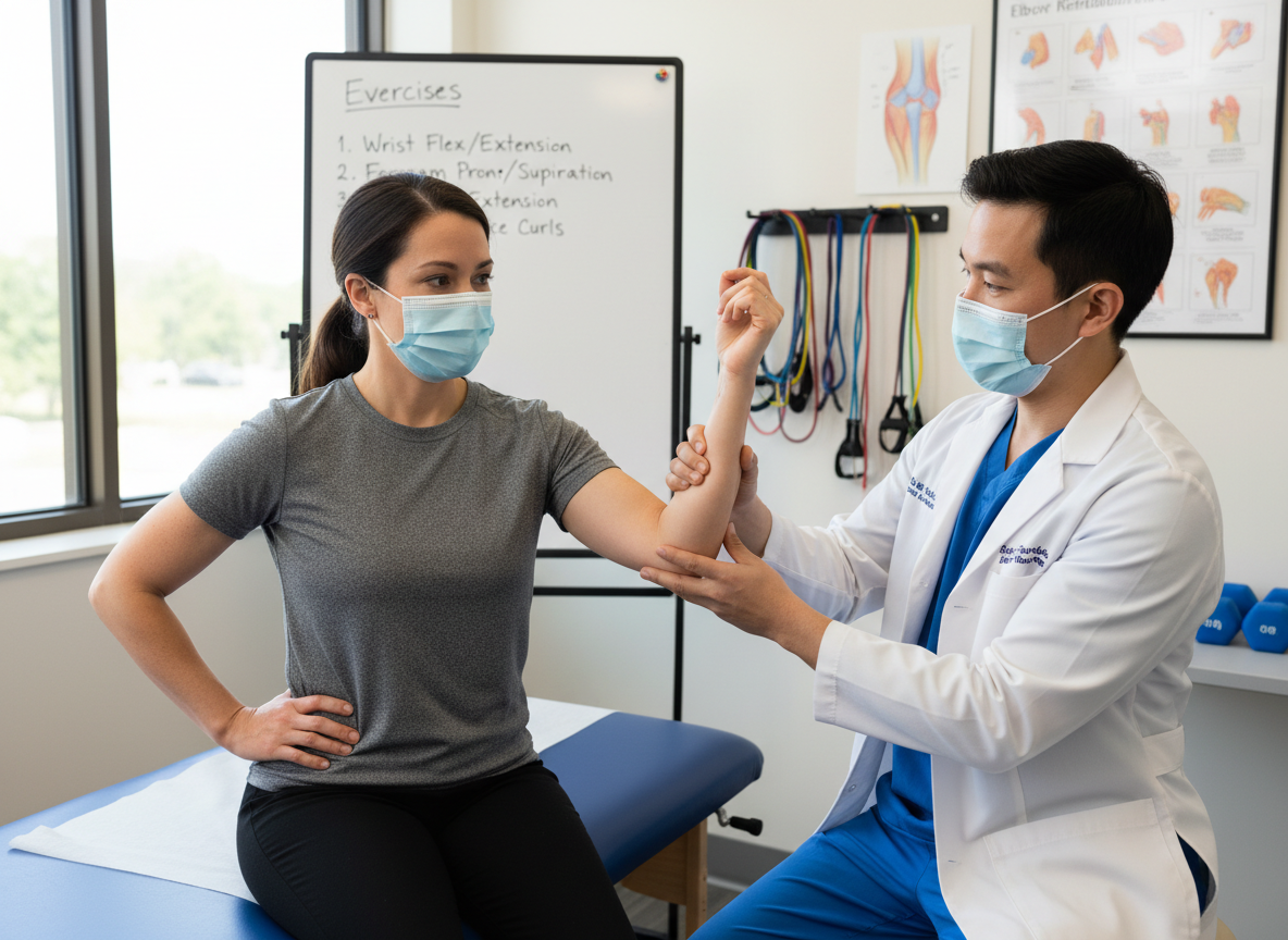 A physical therapist treating elbow pain with manual therapy