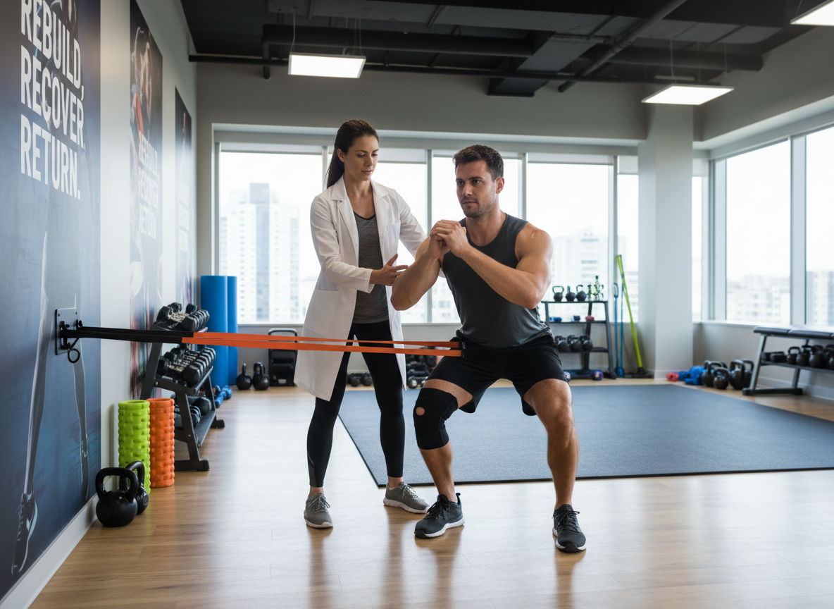 A physical therapist helping an athlete recover from a sports injury