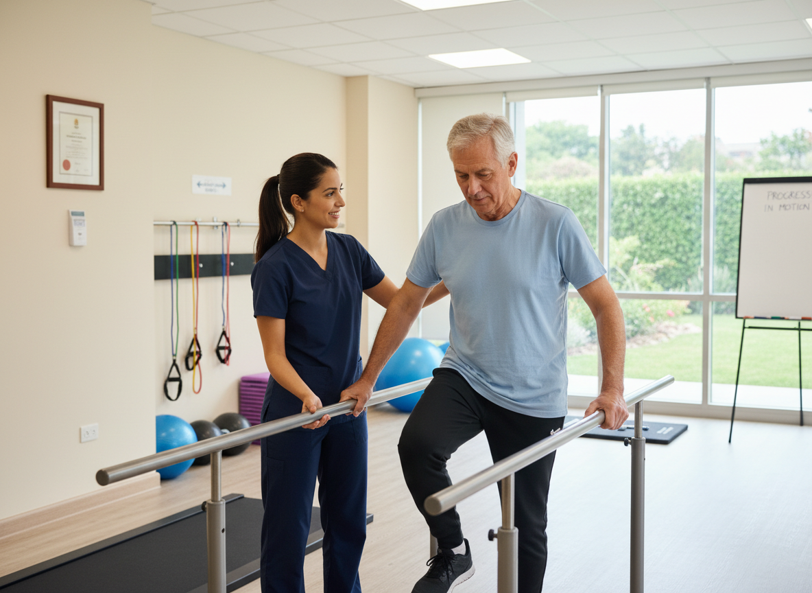 A physical therapist working with a Parkinson's patient on balance and movement