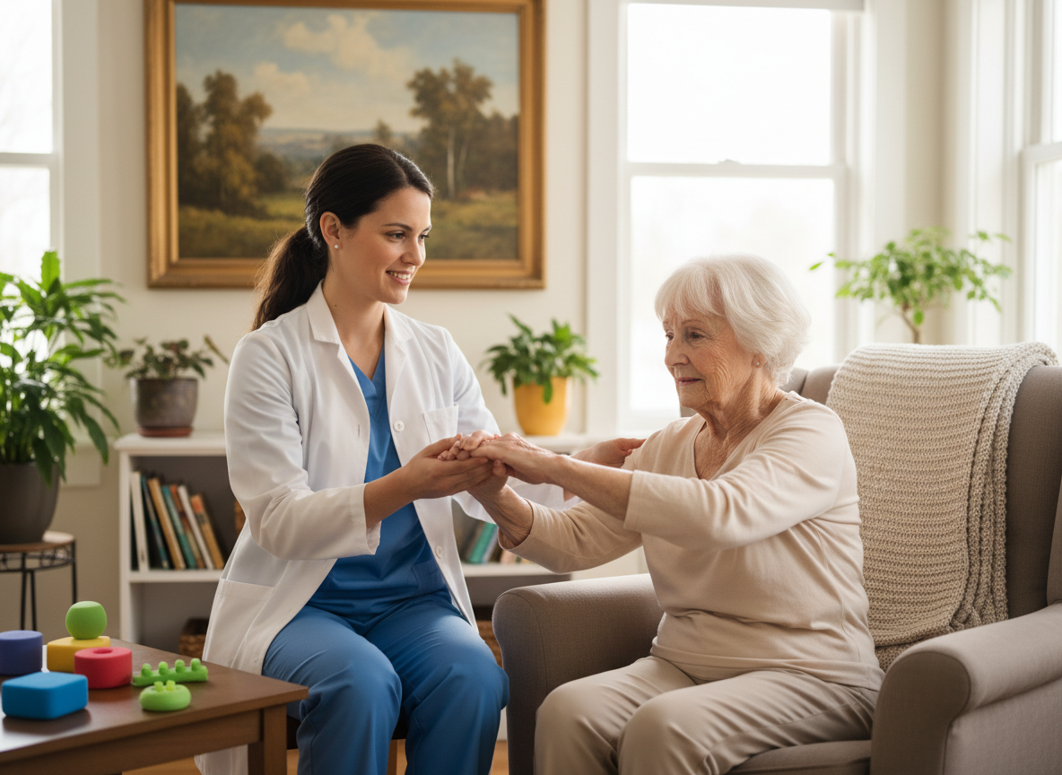 A compassionate physical therapist working with an elderly Alzheimer's patient